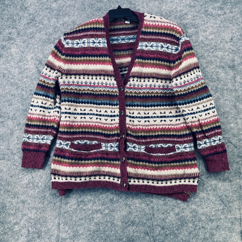 Sundance Fair Isle Cardigan Sweater Women XL Red Blue Button Front Pocket Nordic